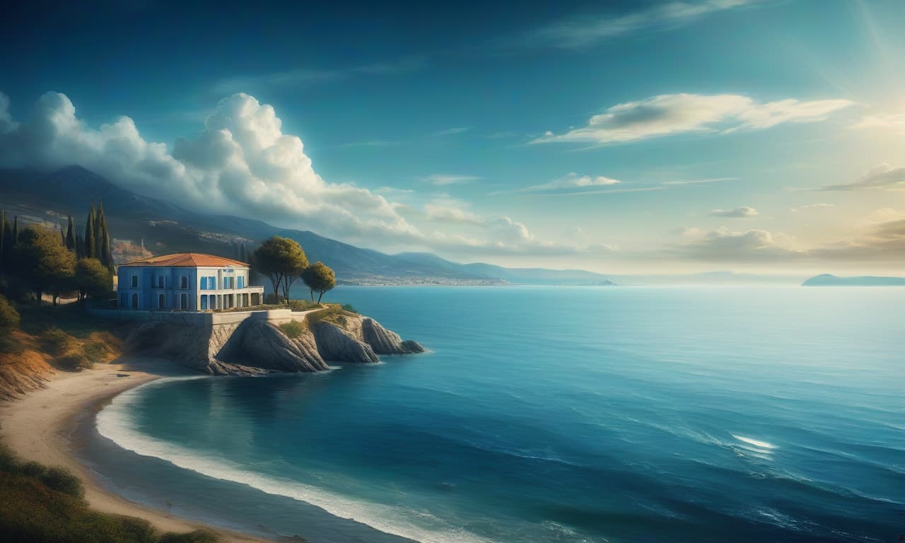  cinematic film still masterpiece of painting, oil painting, fine brush, view from a high hill onto a wide sea bay. in the foreground a beautiful modern villa in a futuristic style with large floor to ceiling windows with a high gable tiled roof on the seashore, a small beach, a boat near a small pier, many big trees, in the background are a rocky mountainous mediterranean shore of the sea, blue sky, heap clouds above the sea, sunny day. scene in dynamics. high details, high quality image, color illustration style. . shallow depth of field, vignette, highly detailed, high budget, bokeh, cinemascope, moody, epic, gorgeous, film grain, grainy