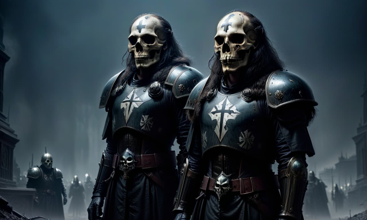  horror themed the legion of the sons of night, an elite unit of knights, in a black gloomy universe, in iron armor with black cloaks, on their shoulder pads on the left is forged an iron lion, and on the right is a white iron cross, on their helmets are images of a skull. . eerie, unsettling, dark, spooky, suspenseful, grim, highly detailed, civitai