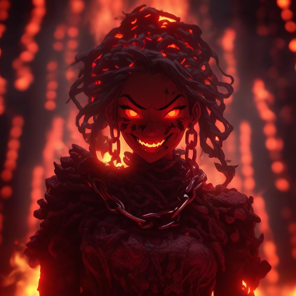  cinematic photo a woman that is standing in front of a fire, ((chains)), evil smile and glowing eyes, artistic render, only red colour, deathwing, shackled in the void, incandescent, discord pfp, lava rock, f 2, aggresive, maiden, chain . 35mm photograph, film, bokeh, professional, 4k, highly detailed