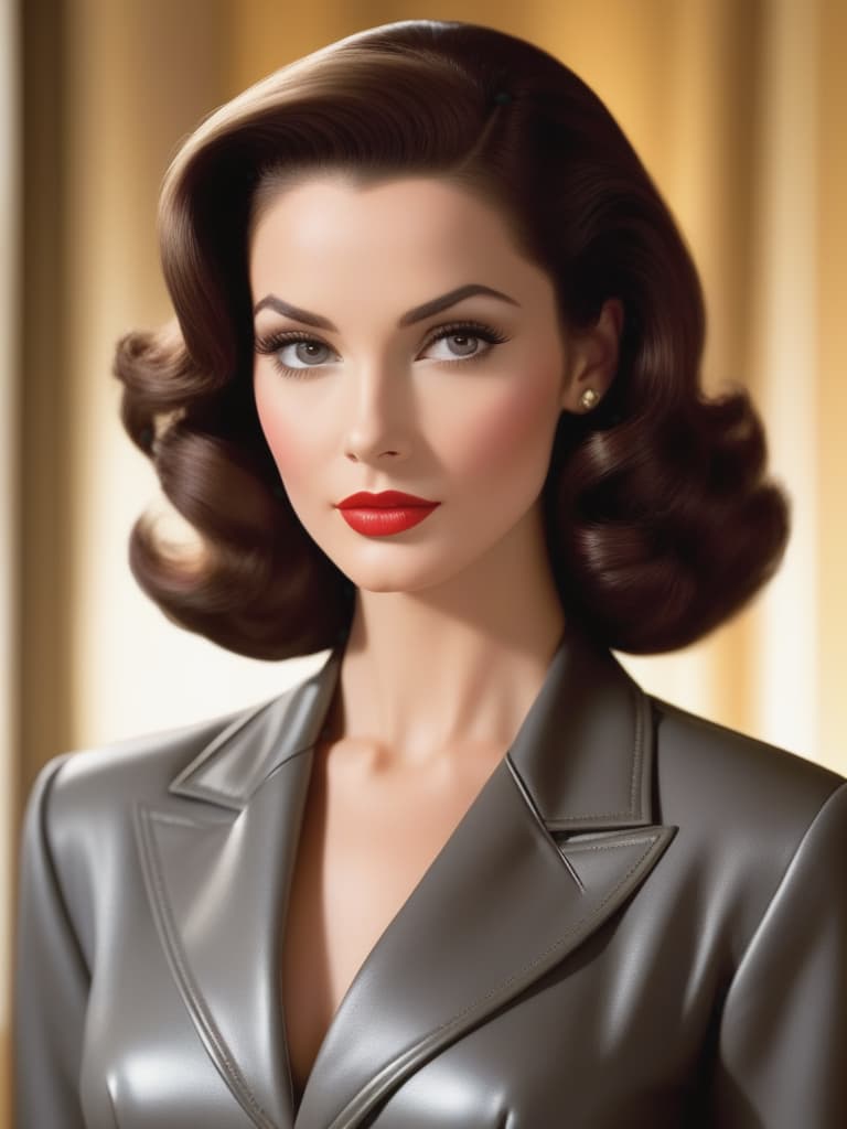  create an image of a striking young woman with clasic mid 20th century beauty. she has brown, shoulder length hair, styled in soft, elegant waves, typical of the 1950s or 1960s glamour. her eyes are a bright, piercing light gray, framed by dark, well defined brows, giving her an intense yet sophisticated gaze. her facial features are sharp and refined, with high cheekbones, a strong jawline, and full lips. she has a tall and athletic figure, standing confidently, with an air of elegance and strength, reflecting her famous roles. dress her in a tailored, form fitting outfit, like a sleek, high fashion dress or a vintage leather jacket, evoking her iconic roles in action and spy films. the overall mood should radiate confidence, grace, and a 