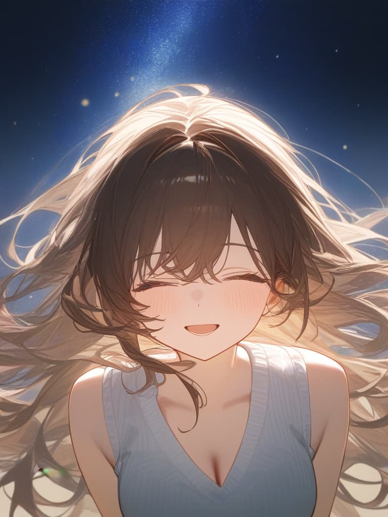  a girl who is laughing at me, bright brown hair, long hair, transparent fleeting, facing here, laughing, under the starry sky, facing here, i am looking at me, wearing a white cardigan over the black sleeveless dress, above the chest, masterpiece, best quality,8k,ultra detailed,high resolution,an extremely delicate and beautiful,hyper detail