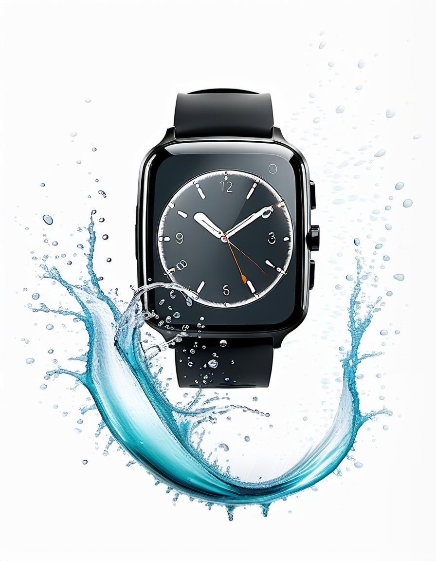  smart watch on a white background, around beautiful splashes of water, film photography style