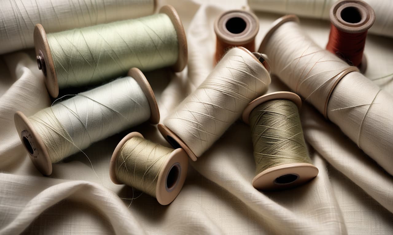  a realistic photograph of natural linen fabric with soft folds, two spools of sewing thread lying on the top right side of the image. soft diffused daylight. the spools of thread are realistic and have the correct shape.