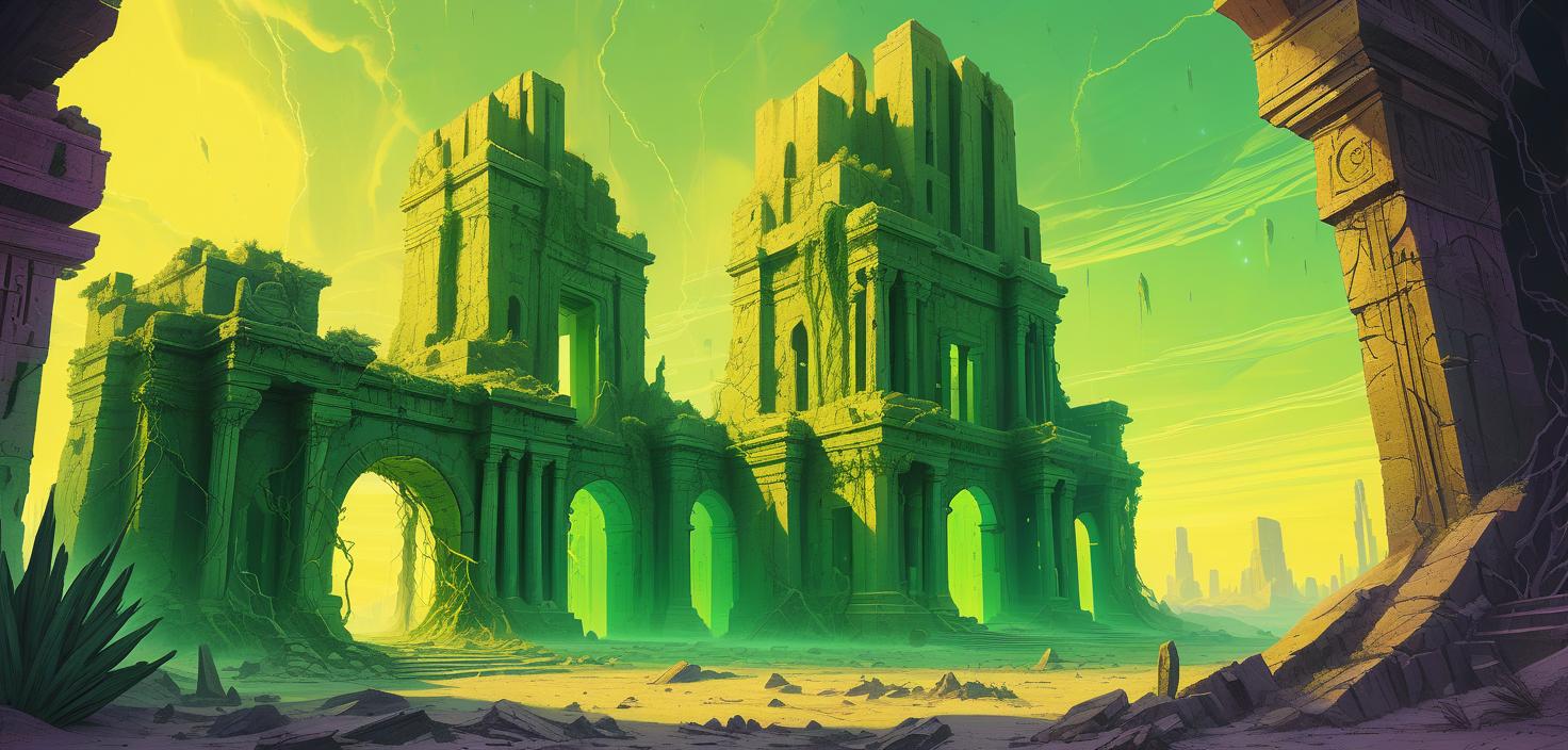  lovecraftian horror ancient ruins. the ruins wrap thick vines of green color. yellow sky. big crystals. desert. synthwave art . eldritch, cosmic horror, unknown, mysterious, surreal, highly detailed