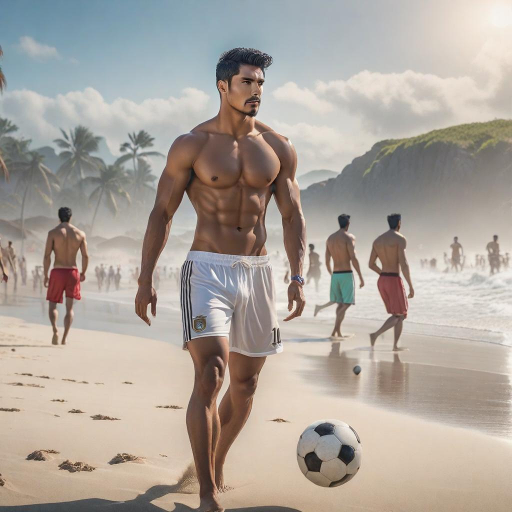  young shirtless mexican men at beach playing soccer, ((anime)) hyperrealistic, full body, detailed clothing, highly detailed, cinematic lighting, stunningly beautiful, intricate, sharp focus, f/1. 8, 85mm, (centered image composition), (professionally color graded), ((bright soft diffused light)), volumetric fog, trending on instagram, trending on tumblr, HDR 4K, 8K