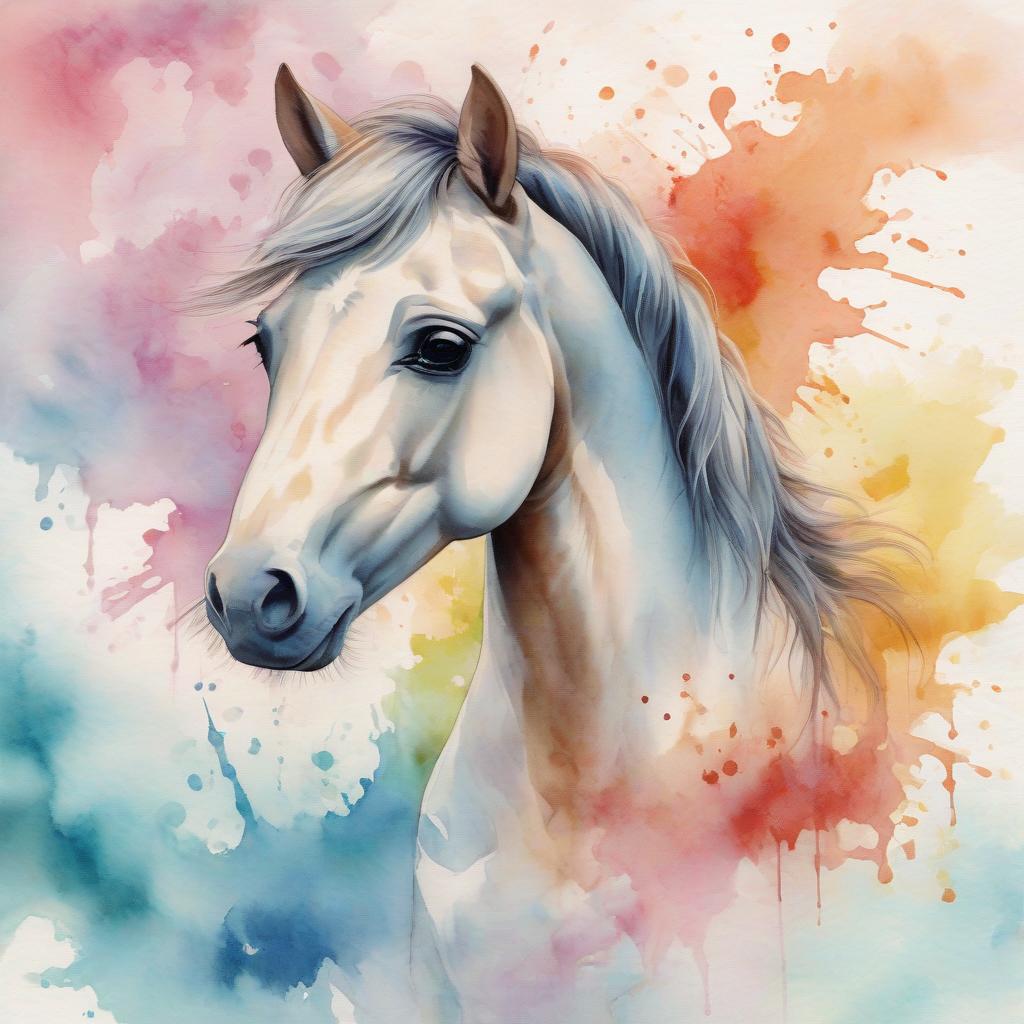  cute horse on colored watercolor background painted in watercolor