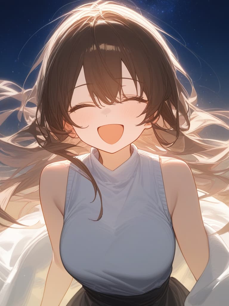  a girl who is laughing at me, bright brown hair, long hair, transparent fleeting, facing here, laughing, under the starry sky, facing here, i am looking at me, wearing a white cardigan over the black sleeveless dress, above the chest, masterpiece, best quality,8k,ultra detailed,high resolution,an extremely delicate and beautiful,hyper detail