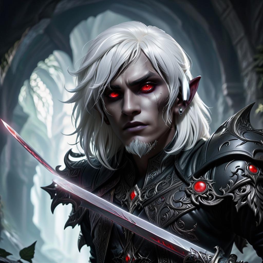  gothic style drow male elf cleric, graphite color skin, red eyes, silver medium haircut, white eyelashes, white brows, black leather jacket, dark cave temple . dark, mysterious, haunting, dramatic, ornate, detailed, civitai