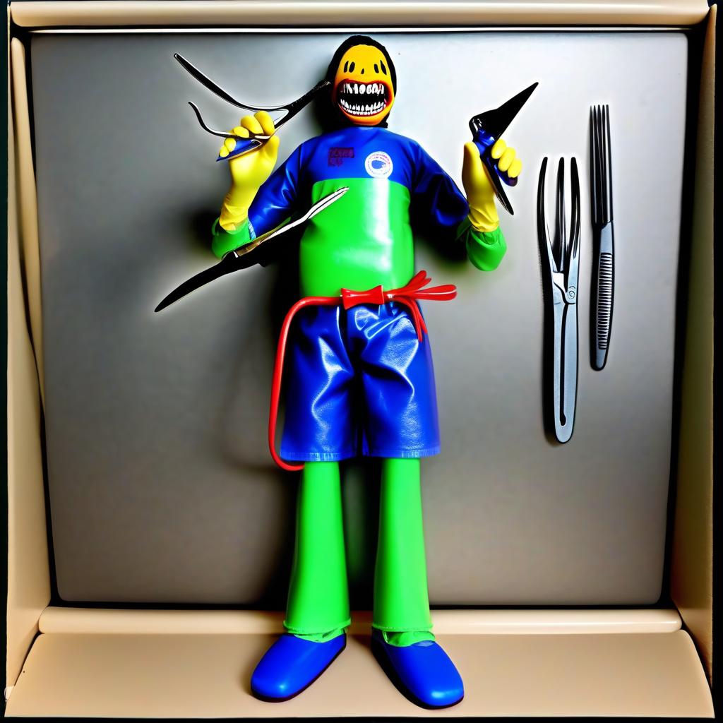  an action figure holding scissors and a hair brush hands in surgical gloves tightly grip surgical instruments, in the left hand forceps with "burdizzo" jaws, in the right hand "elastrator" with a stretched elastic band