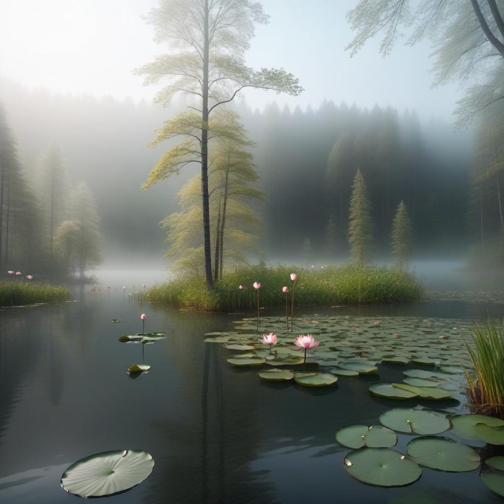  Lake Birch forest Lotuses on the water hyperrealistic, full body, detailed clothing, highly detailed, cinematic lighting, stunningly beautiful, intricate, sharp focus, f/1. 8, 85mm, (centered image composition), (professionally color graded), ((bright soft diffused light)), volumetric fog, trending on instagram, trending on tumblr, HDR 4K, 8K