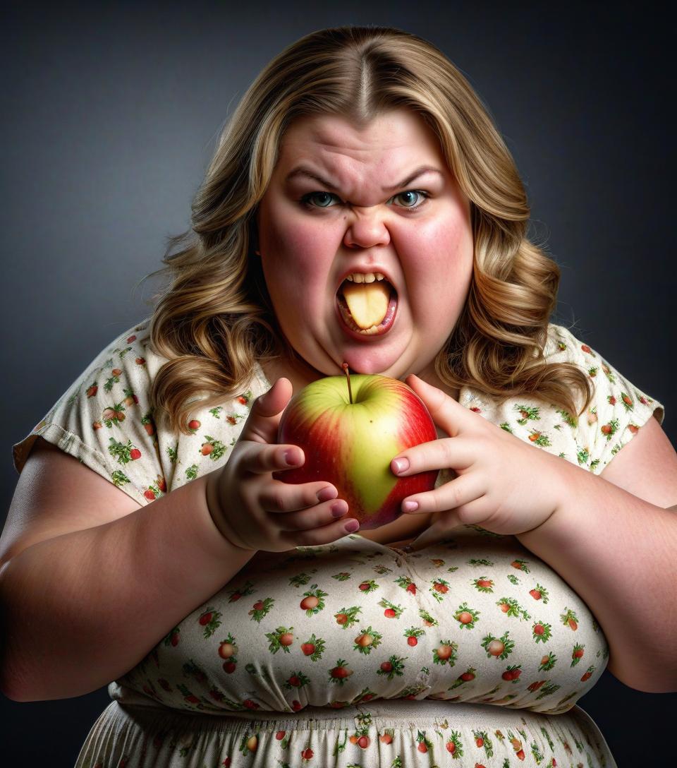  hyperrealistic art a fat girl with an angry face bites off an apple that she holds with her right hand . extremely high resolution details, photographic, realism pushed to extreme, fine texture, incredibly lifelike