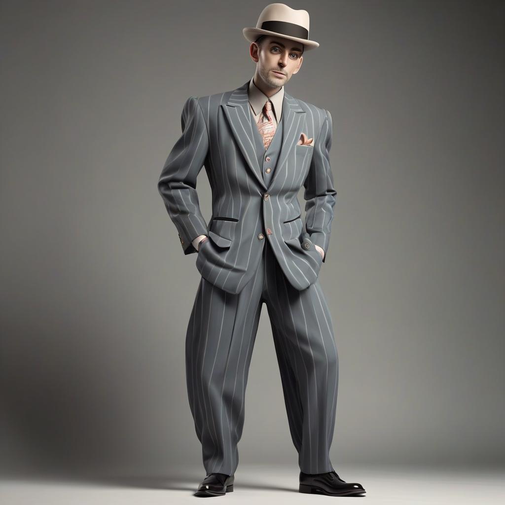  a stage image of a man. circus suit, big pockets, hat from the future. full length suit with shoes. good face.