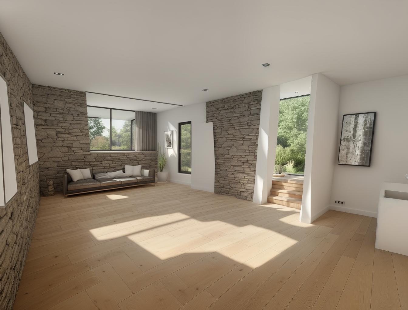  produce a photorealistic rendering of a modern interior with a stone wall as a focal point, complemented by wooden flooring and large windows. add a sleek, modern sofa and minimalist furniture that reflects a contemporary style, creating a space that feels both rustic and sophisticated.