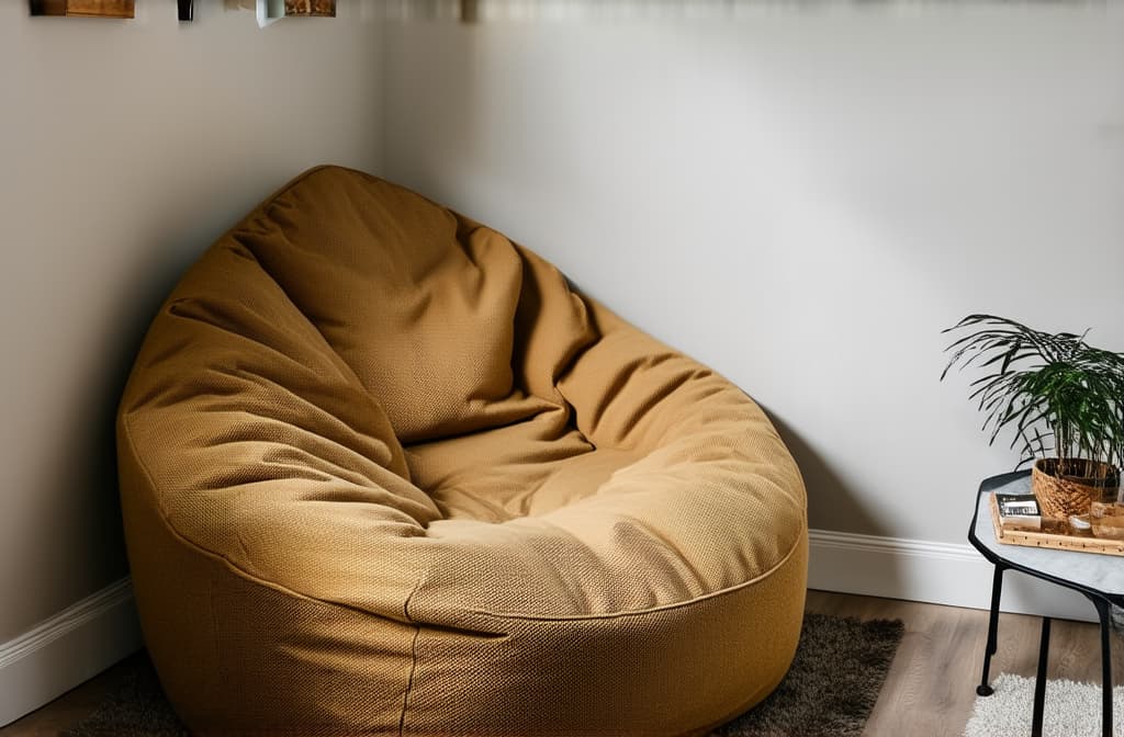  professional detailed photography, bean bag chair in corner. scandinavian, boho interior design of modern living room. ar 3:2, (muted colors, dim colors, soothing tones), (vsco:0.3)