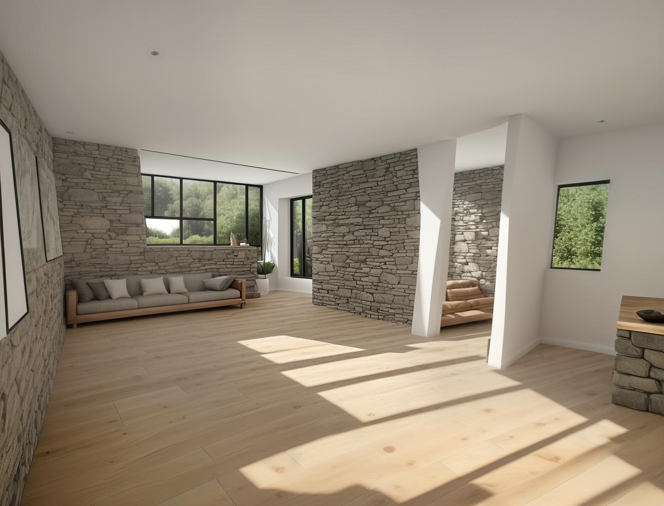  produce a photorealistic rendering of a modern interior with a stone wall as a focal point, complemented by wooden flooring and large windows. add a sleek, modern sofa and minimalist furniture that reflects a contemporary style, creating a space that feels both rustic and sophisticated.