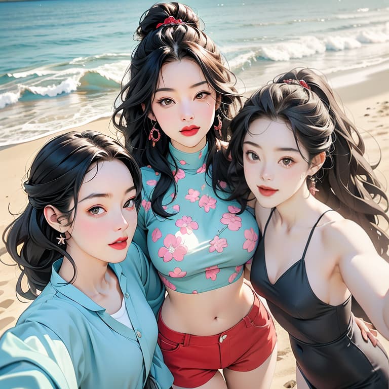  casual photo of a beautiful girl in her early twenties with three different hairstyles and colors. she is having fun and taking selfies with friends at the beach. the first hairstyle is long, straight black hair, the second is short, curly blonde hair, and the third is long, wavy red hair. the girl and her friends wear matching swimsuits, make funny faces, and enjoy the sunshine, sand, and sea on a sunny day., advertising photo,high quality, good proportion, masterpiece , the image is captured with an 8k camera