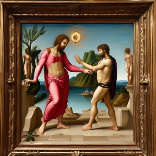  Make me a photo of Leonardo diVinci painting of Adam and GOD trying to touch