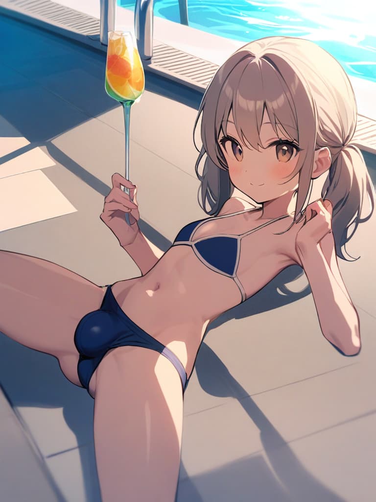  women's elementary students, twin tails, rich smiles, cute smiles, navy blue swimwear, old swimwear, swimwear, simple, male, shaped clear , shaped clear, clear stem, shaped crisp, male bulge,, front. the whole body, pool side,