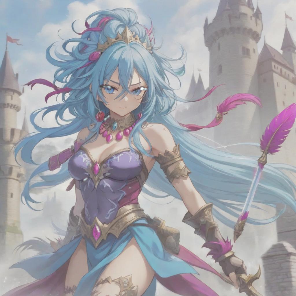  long exposure photo of portrait of strong rage amazonas lancer. aqua eye. long blue hair. tilting head down, magenta mantle, shoulder pad feather, accessory necklace with pearls on the forehead, against the background of the castle siege . blurred motion, streaks of light, surreal, dreamy, ghosting effect, highly detailed, sticker, hkmagic