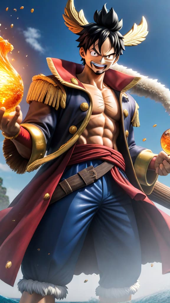  anime art: luffy unveils advanced conqueror's haki, preparing to face blackbeard's dual devil fruits. hyperrealistic, full body, detailed clothing, highly detailed, cinematic lighting, stunningly beautiful, intricate, sharp focus, f/1. 8, 85mm, (centered image composition), (professionally color graded), ((bright soft diffused light)), volumetric fog, trending on instagram, trending on tumblr, HDR 4K, 8K