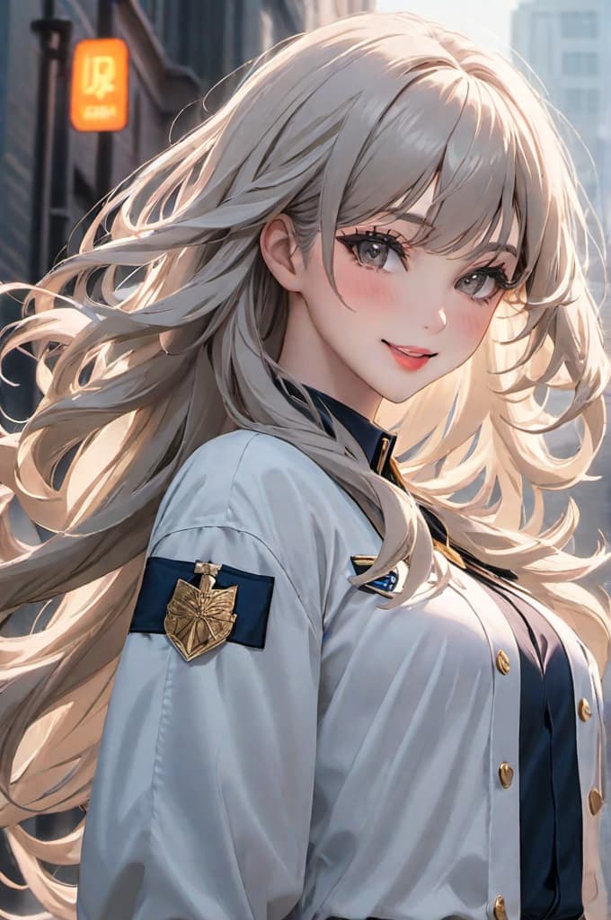  1, pose., white , long hair, hair, curly hair, makeup, smile, lips, uniform hyperrealistic, full body, detailed clothing, highly detailed, cinematic lighting, stunningly beautiful, intricate, sharp focus, f/1. 8, 85mm, (centered image composition), (professionally color graded), ((bright soft diffused light)), volumetric fog, trending on instagram, trending on tumblr, HDR 4K, 8K