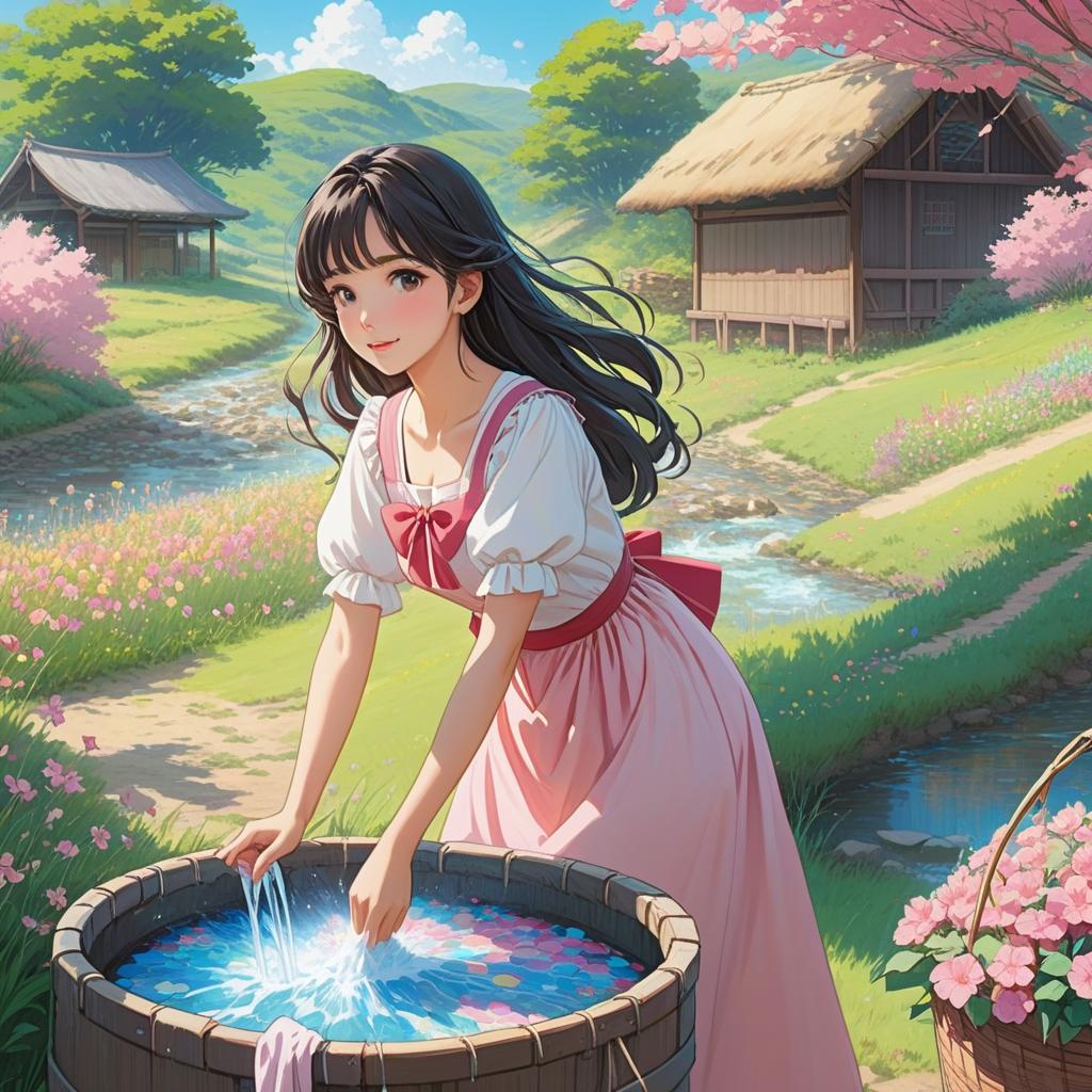  ### scene 2: washing clothes **description**: a graceful woman is washing colorful clothes in a basin next to the well. she is dressed in a flowing white and soft pink dress. a basket of laundry sits nearby. "a cheerful anime style character is beside a wooden barrel with water, set in a vibrant countryside scene. she wears a pink dress with a red sash and has long, dark hair adorned with pink ribbon on the ear. behind her, laundry in various pastel colors is hung along a line, and flowers dot the landscape with a serene stream flowing nearby under a clear blue sky.", anime artwork, anime style, key visual, vibrant, studio anime, highly detailed