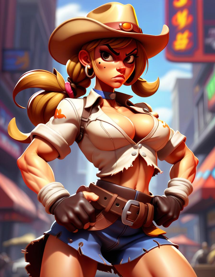  street fighter style hot anthropomorphic cow girl . vibrant, dynamic, arcade, 2d fighting game, highly detailed, reminiscent of street fighter series