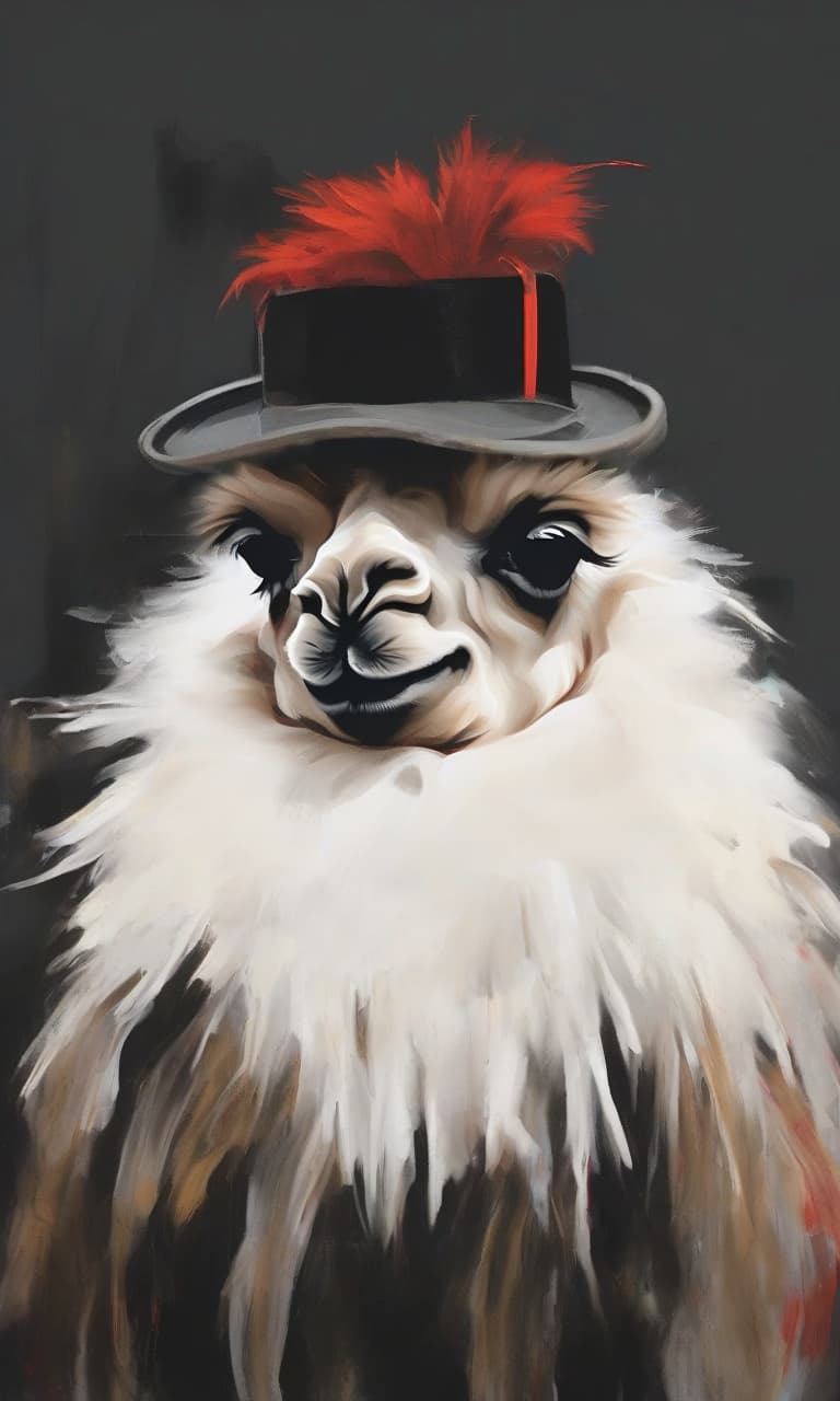  abstract expressionist painting r3mbr4ndt oil painting portrait of (a cute llama:1.6) in (a hat with a red ostrich feather:1.6), (dark background:1.8), (((heavy brushstrokes))), high contrast, vintage, <lora:arsmjstyle4:1.4> . energetic brushwork, bold colors, abstract forms, expressive, emotional, hkmagic