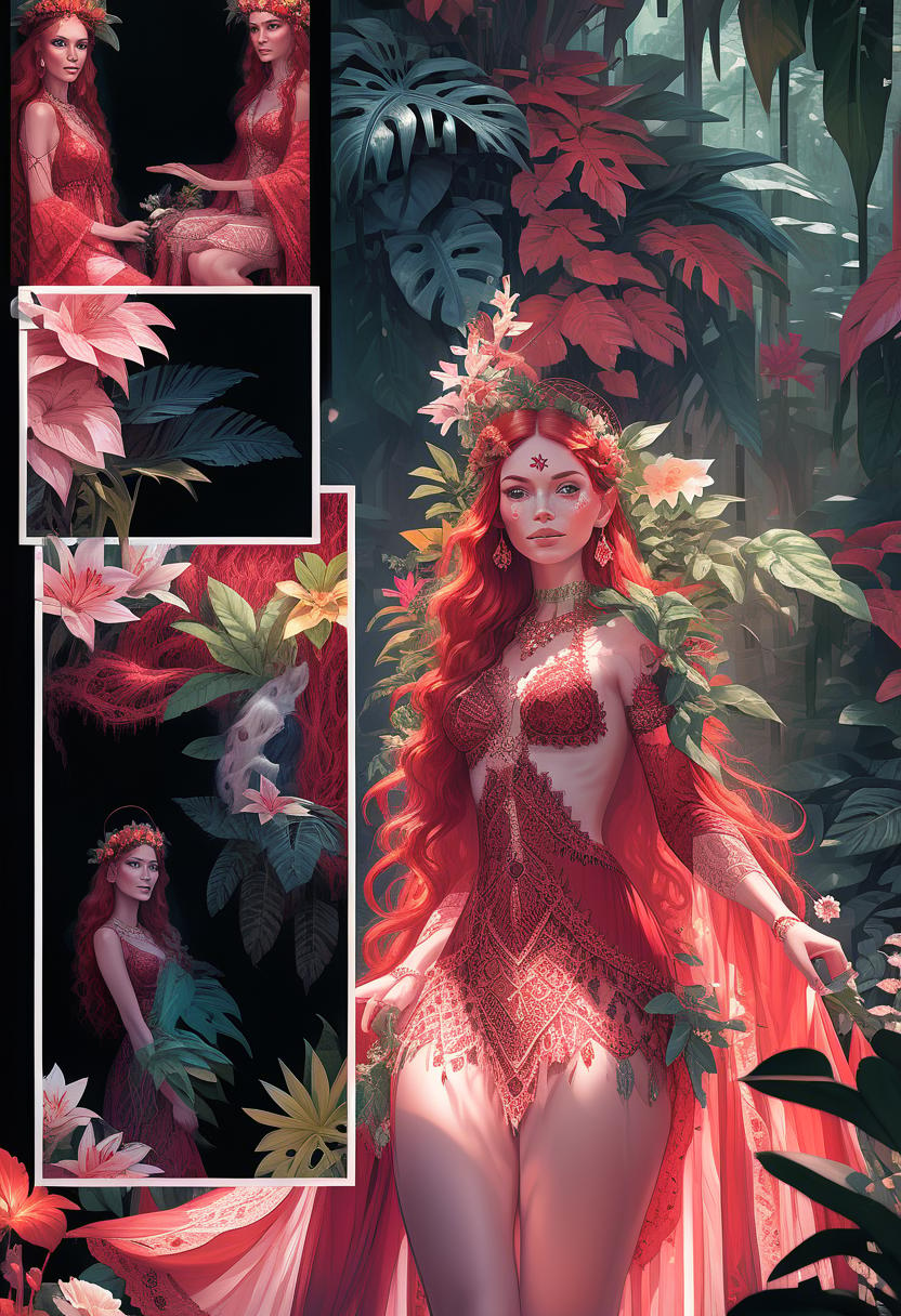  portrait of beautiful red haired bohemian queen wearing red colour lace surrounded by jungle plants and flowers art by mike mayhew and mark brooks and ross tran 8k resolution