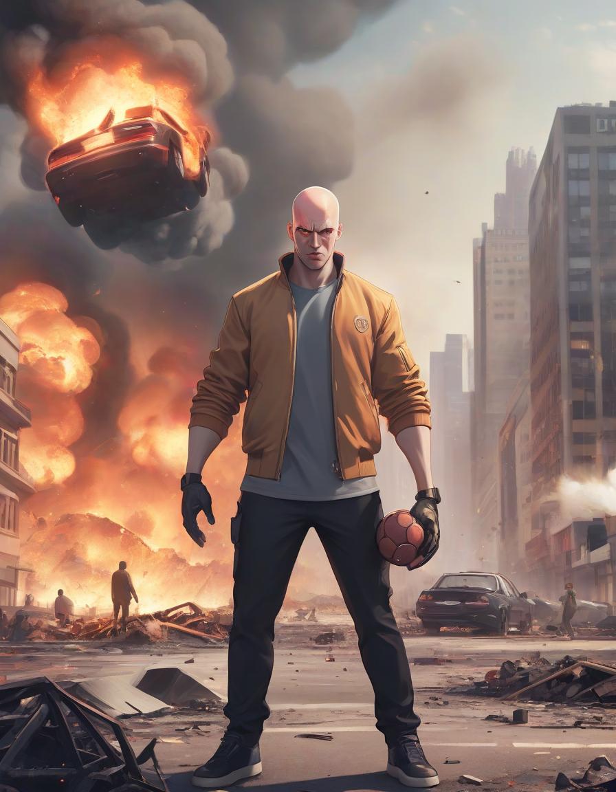  a modern city, everywhere destruction, burning cars, in the foreground is a bald guy with a small ball in his hands.