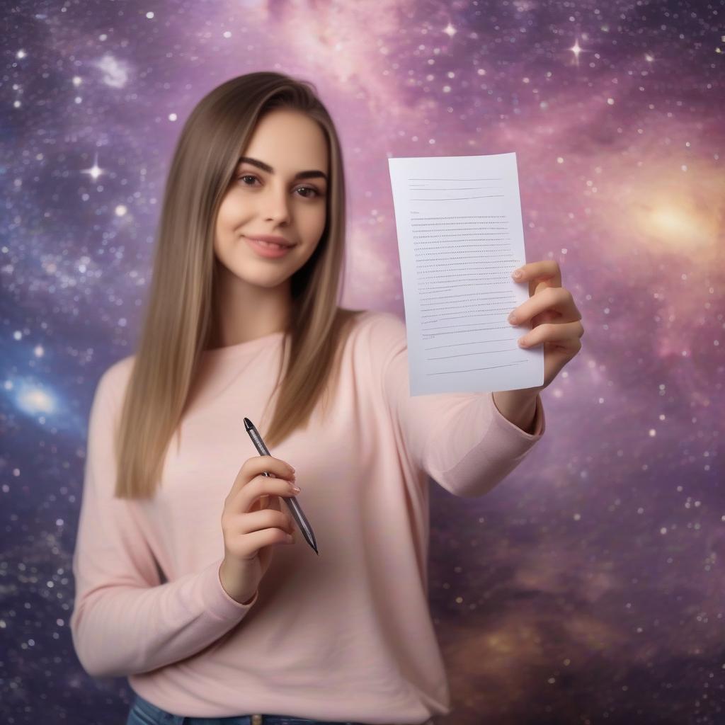  realistic selfie of a girl with a piece of paper, written on the paper with the pen "galaxy". it should look like a real photo. no yellow tones, in the background wall with wallpaper.