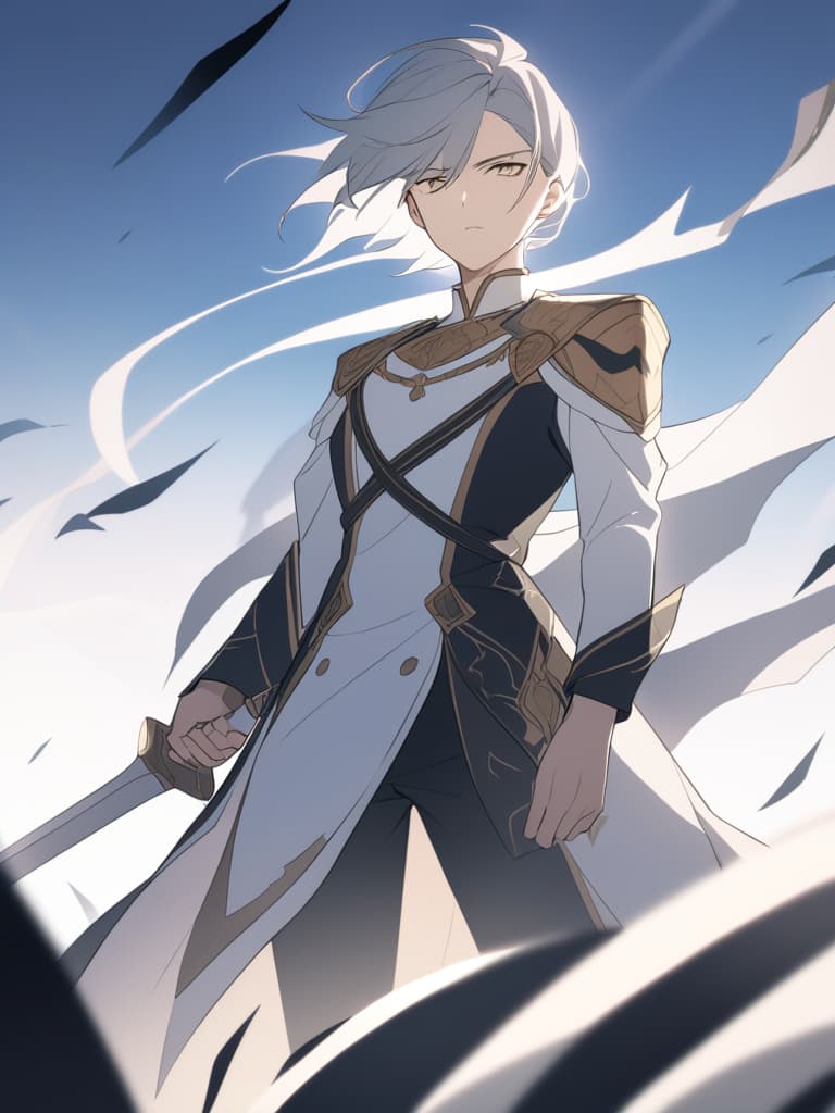  a dramatic,high resolution portrait of a young,commanding leader,inspired by "randall lanfren." he stands tall with a calm but piercing gaze,emanating both confidence and wisdom. his attire is regal yet functional,with intricate details hinting at both nobility and battle experience. the background features a battlefield on the horizon,with flags fluttering in the wind,adding a sense of impending conflict.the lighting casts soft shadows,emphasizing his sharp features and the intensity in his eyes. his pose is strong,holding his sword with one hand resting on the hilt,symbolizing both his strength and readiness for action.