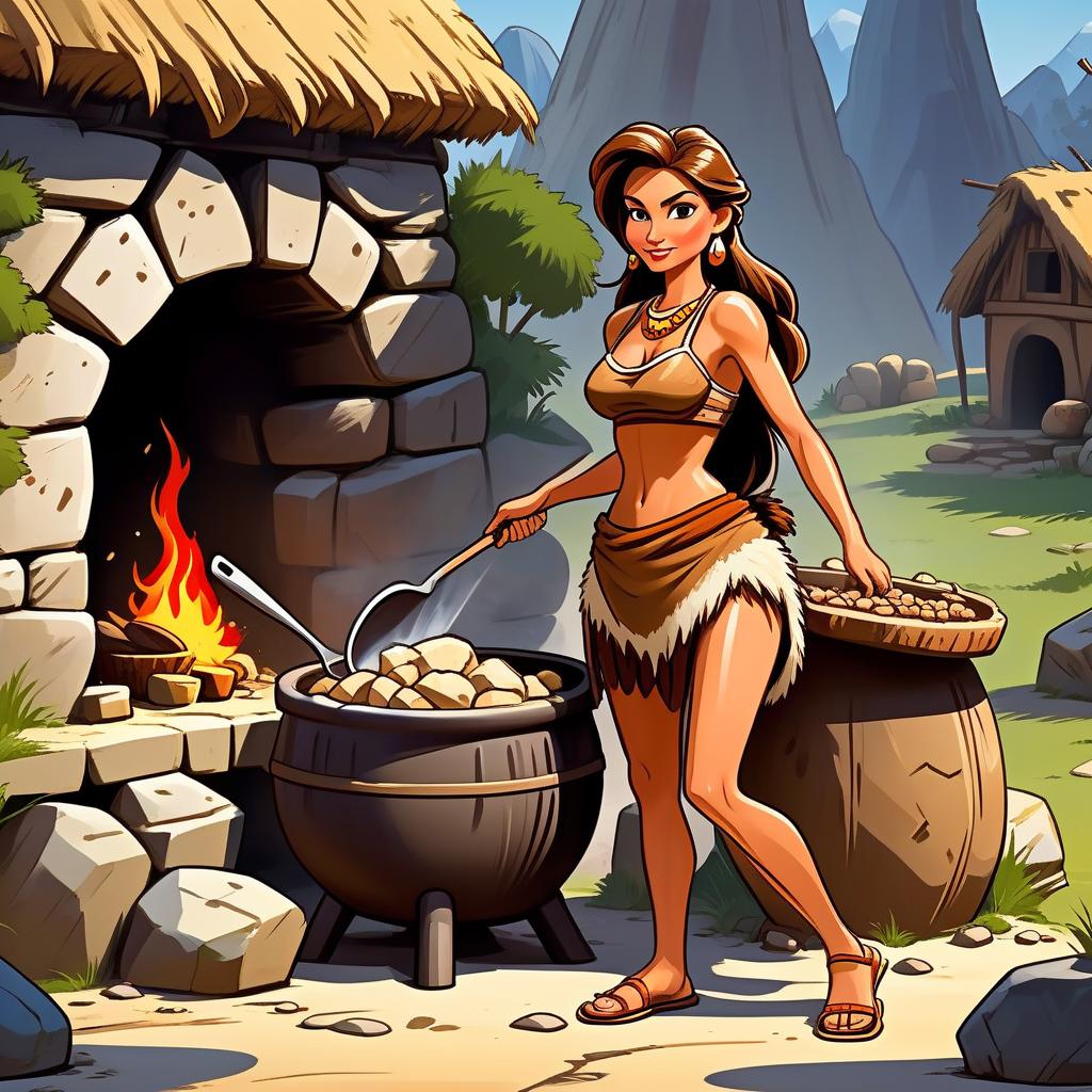  (cartoon style:1.5), masterpiece, best quality, stone age woman in a dirty fur skirt and a dirty fur vest cooking in ceramic pot in a stone oven, outdoor, at full heigh body, with brovn hair, slender, slim waist, long loincloth, tanned skin, at full heigh body, action pose, full heigh body, against the backdrop of a stone age village, (swift and agile movements:1.2), intense, (determined expression:0.9), cartoon style, cute, modernism,