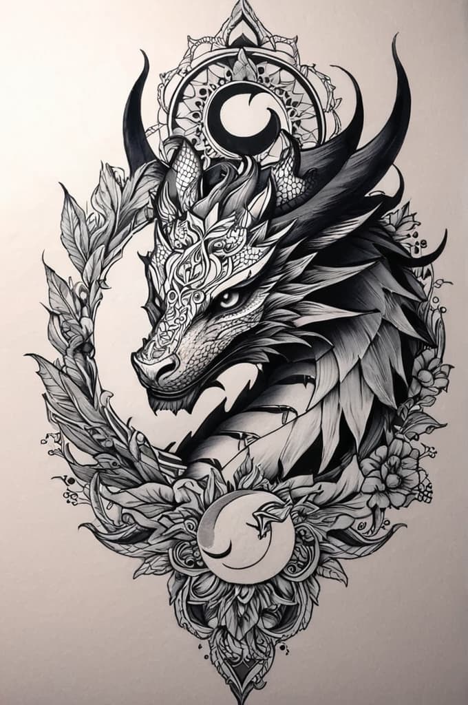  female dragon, sun and moon, (tattoo sketch:1.25), drawing