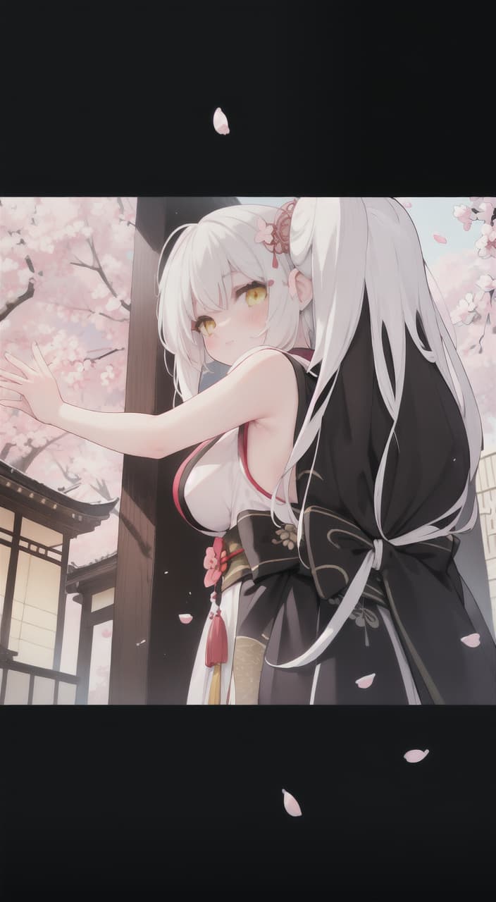  masterpiece, best quality, yellow eyes, white hair, stairs, standing, kimono, sky, cherry blossoms, temple, looking at viewer, upper body, from below, looking back