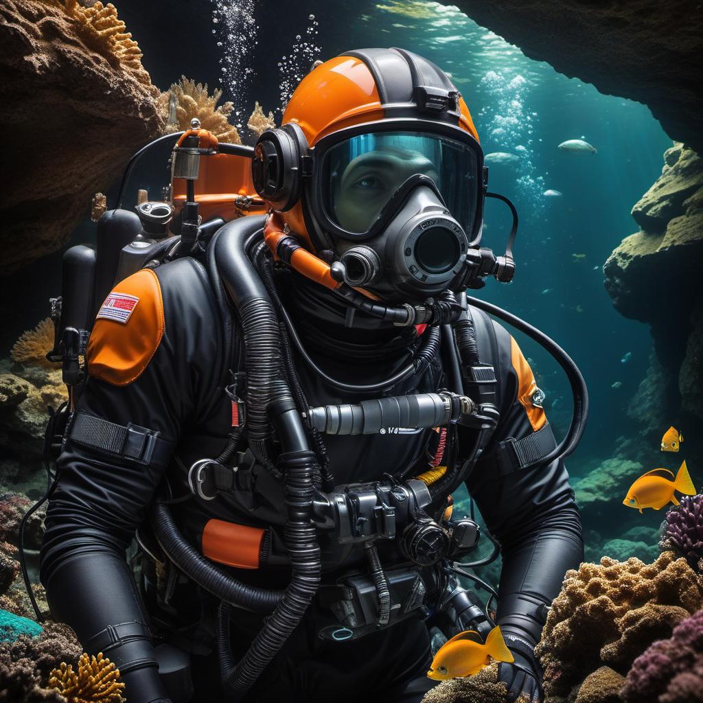  jb name, male, rebreather diver, thick loops, helmet in orange, cave diver, underwater, face view diver, fresh water, shoulder view, jb, mythological style