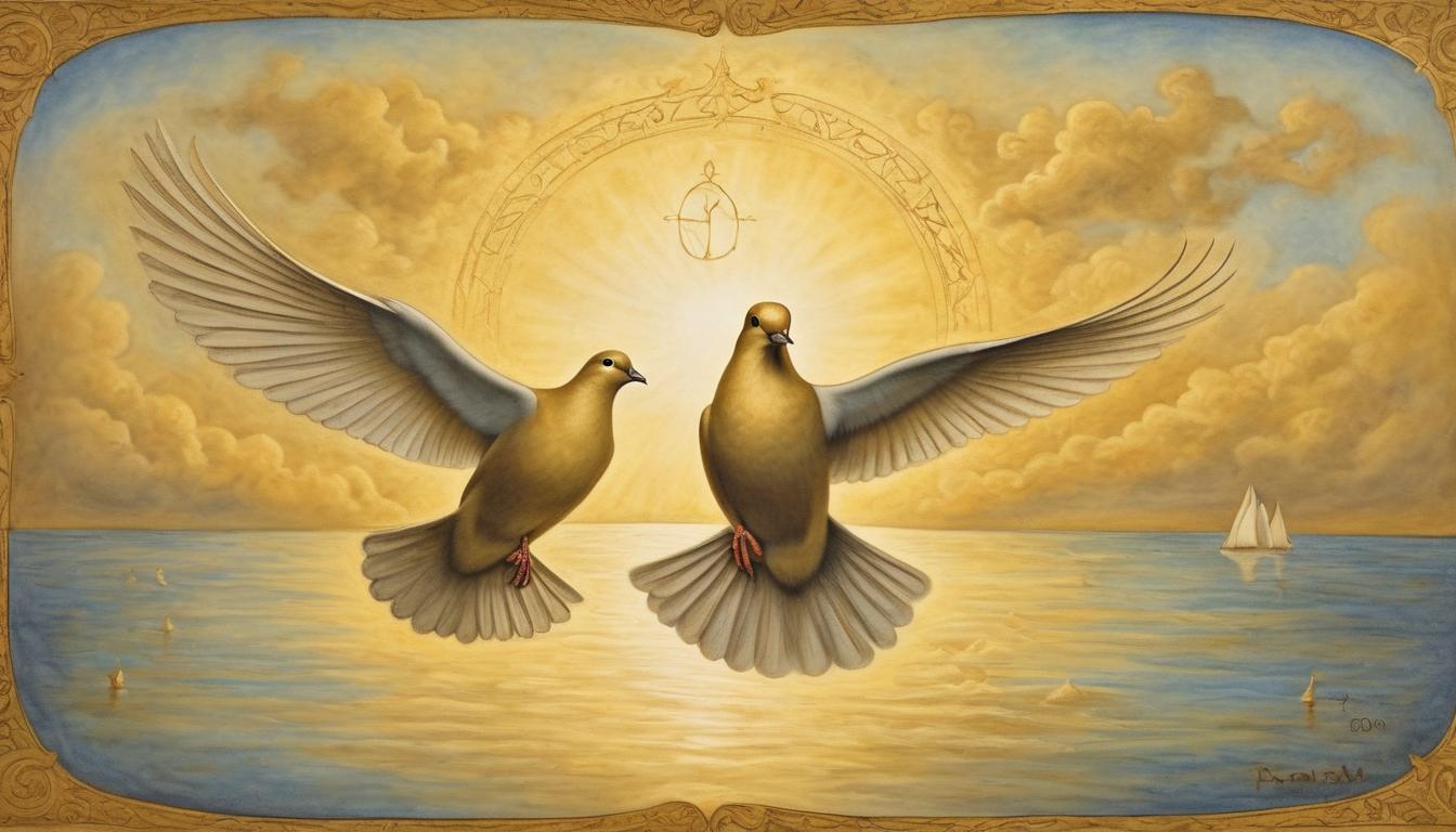  on parchment, surrealism++, golden peace dove, radiant aura, flying over calm waters, sunlight reflection, divine peace, purpose, serenity(mysterious, provocative, symbolic)++