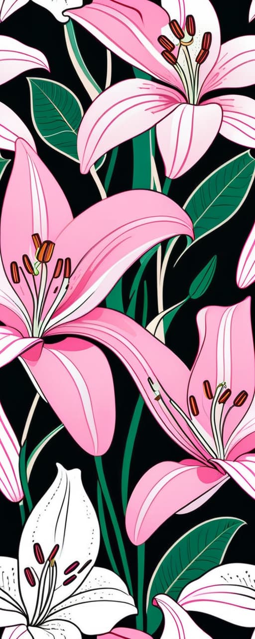  minimalism, the images features individual pink lilies and leaves, each illustrated with fine detail, highlighting their unique textures and curvature. the flowers and leaves vary. each plant carries its own distinct form, emphasizing their organic and fluid shapes., abstract, simple geometic shapes, hard edges, sleek contours, minimalism