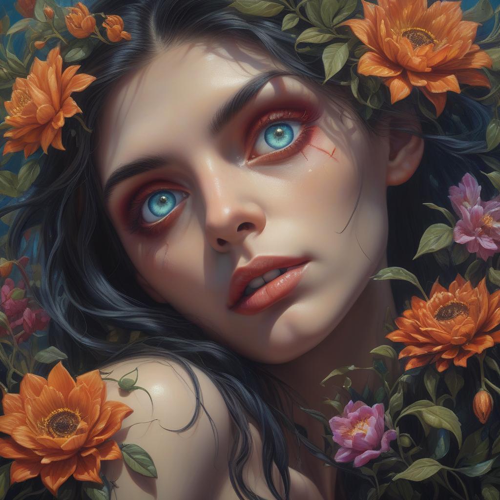  hyperrealistic art beautiful hybrid woman with flowers sprouting from her, oil painting, detailed fiery eyes, ethereal glow, dark and mysterious, high quality, vibrant colors, surreal, haunting, intricate floral details, intense gaze, mystical atmosphere, oil painting, demon, hybrid, fiery eyes, ethereal, vibrant colors, surreal, haunting, floral details, intense gaze, mystical atmosphere . extremely high resolution details, photographic, realism pushed to extreme, fine texture, incredibly lifelike