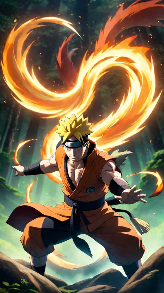  anime art: naruto mastering sage mode with kurama's chakra for unstoppable power. hyperrealistic, full body, detailed clothing, highly detailed, cinematic lighting, stunningly beautiful, intricate, sharp focus, f/1. 8, 85mm, (centered image composition), (professionally color graded), ((bright soft diffused light)), volumetric fog, trending on instagram, trending on tumblr, HDR 4K, 8K