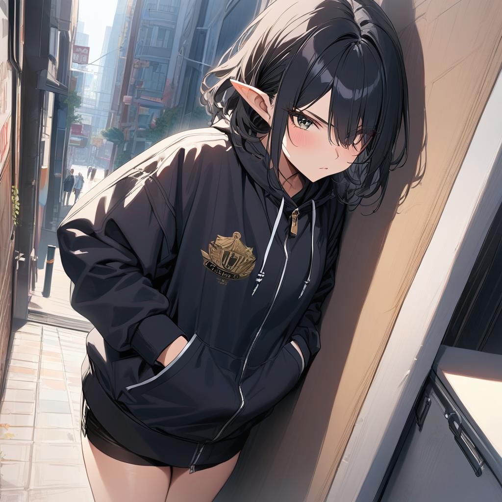  woman, black hair, hair over one eye, messy hair, glaring, pointy ears, annoyed, naughty, standing with hands in pockets, leaning against a wall, cityscape, anime, anatomically correct, accurate, high details, high quality, best quality, hd,, award winning, professional, highly detailed, masterpiece