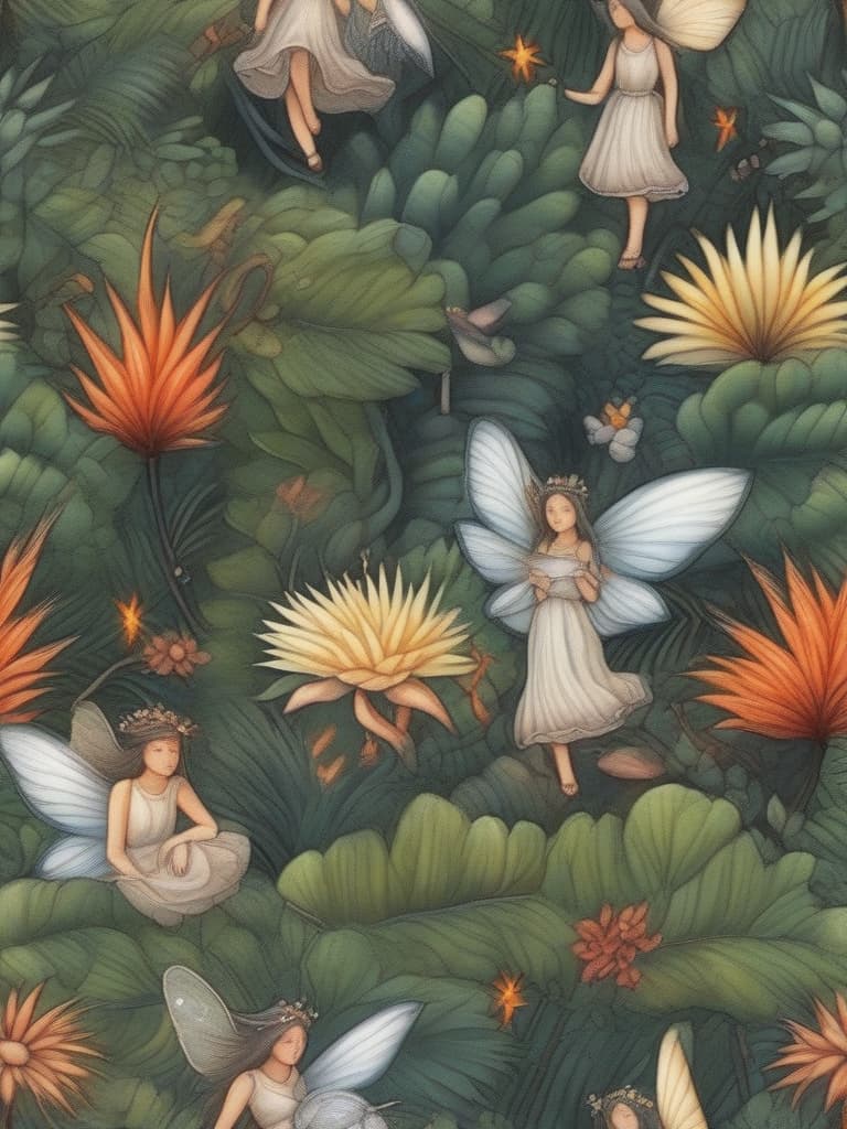  in the forest,( palm sized fairies):1.5(close up: small fairies): 1.5,small multiple pale lights,(colored pencil drawing giving soft impression throughout),super detailed,high resolution,absurd employed,