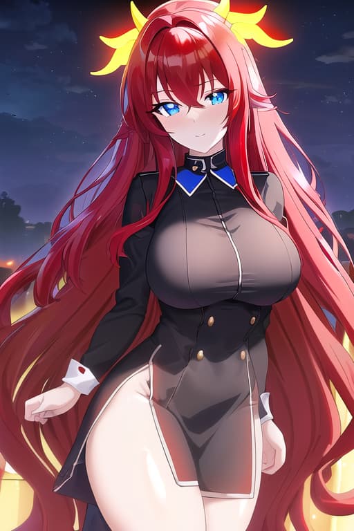   s,masterpiece, best quality, 1women, long red hair, looking at viewer, :3, cute, black uniform, outdoors, streets, cow shot, curvy, (((blue eyes))), rias gremory, red hair, antenna hair, wavy hair, ((beautiful detailed eyes, beautiful detailed glow, lots of glow)), anime screencap