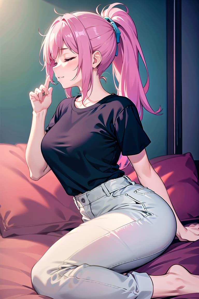  r 18, , middle , pink haired ,ponytail,large eyes,t shirts, pants, A woman, in a bold and uninhibited display of , sits on her bed, her legs parted in an M shape, Her expression is one of unapologetic ecstasy, eyes closed, mouth slightly open, a soft moan escaping her lips. Her right hand confidently explores her most areas, fingers moving boldly, while her left hand gently caresses and squeezes her full , thumb the sensitive .