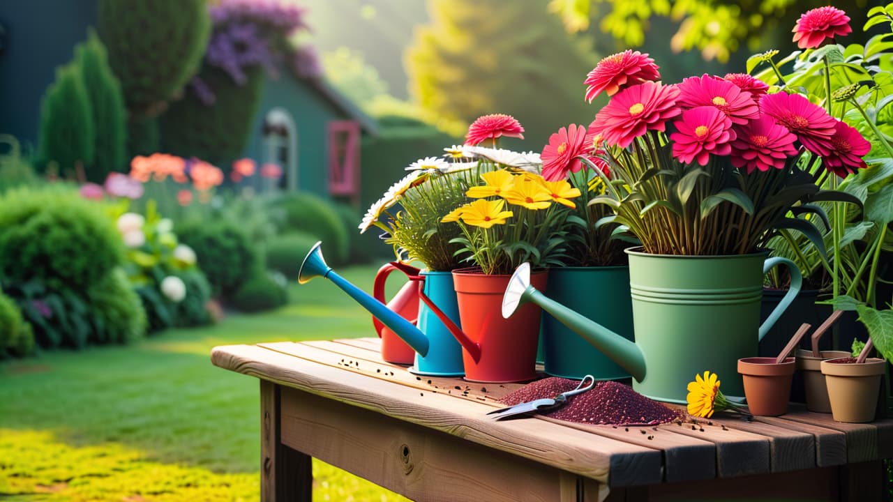  a vibrant garden scene featuring a wooden potting bench adorned with colorful seed packets, various hand tools like trowels and pruners, vibrant soil bags, and a watering can, surrounded by thriving plants and blooming flowers. hyperrealistic, full body, detailed clothing, highly detailed, cinematic lighting, stunningly beautiful, intricate, sharp focus, f/1. 8, 85mm, (centered image composition), (professionally color graded), ((bright soft diffused light)), volumetric fog, trending on instagram, trending on tumblr, HDR 4K, 8K