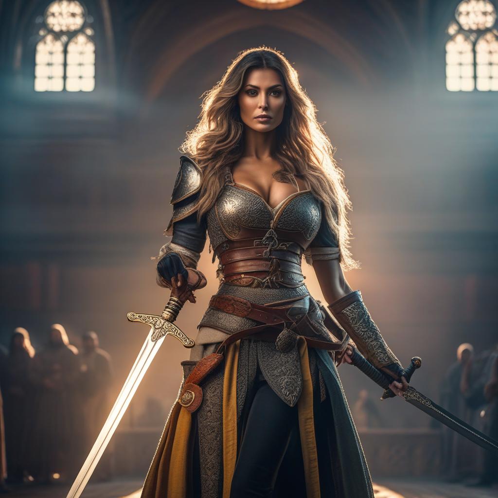  woman with sword hyperrealistic, full body, detailed clothing, highly detailed, cinematic lighting, stunningly beautiful, intricate, sharp focus, f/1. 8, 85mm, (centered image composition), (professionally color graded), ((bright soft diffused light)), volumetric fog, trending on instagram, trending on tumblr, HDR 4K, 8K