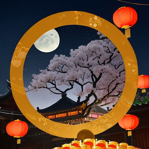  mid-autumn best wish picture in Chinese, with moon, delicate moon cakes on beautiful plates, colorful lanterns, incense, blooming osmanthus branches, arranged in an artful way. ，