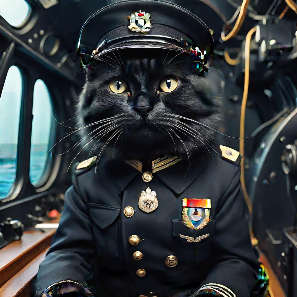  a furry black cat in the style of a german captain from the second world war, in a submarine