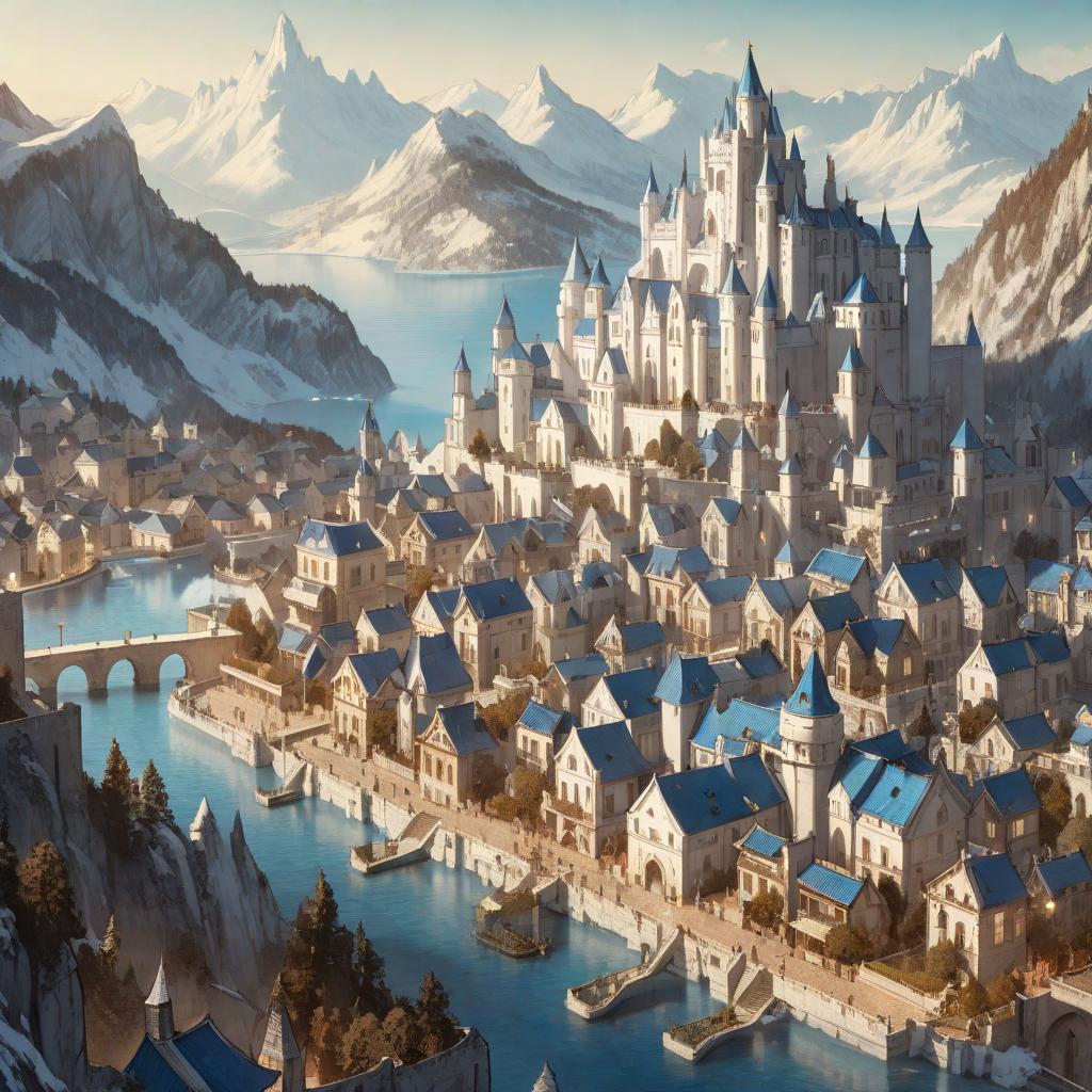  manga artwork city with white houses and blue roofs, it has a big castle in a terrace and a great lake in the background, with icy moutains. anime rpg style . manga artist. manga, highly emotional. best quality, high resolution