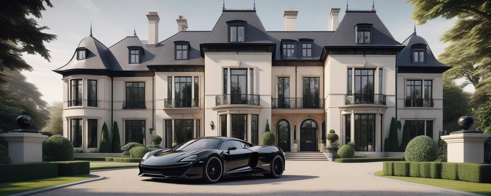  classic luxury mansion, large black metal framed windows, beautiful front garden, luxury sport car, elegant and timeless architecture, highly detailed, very sharp and realistic